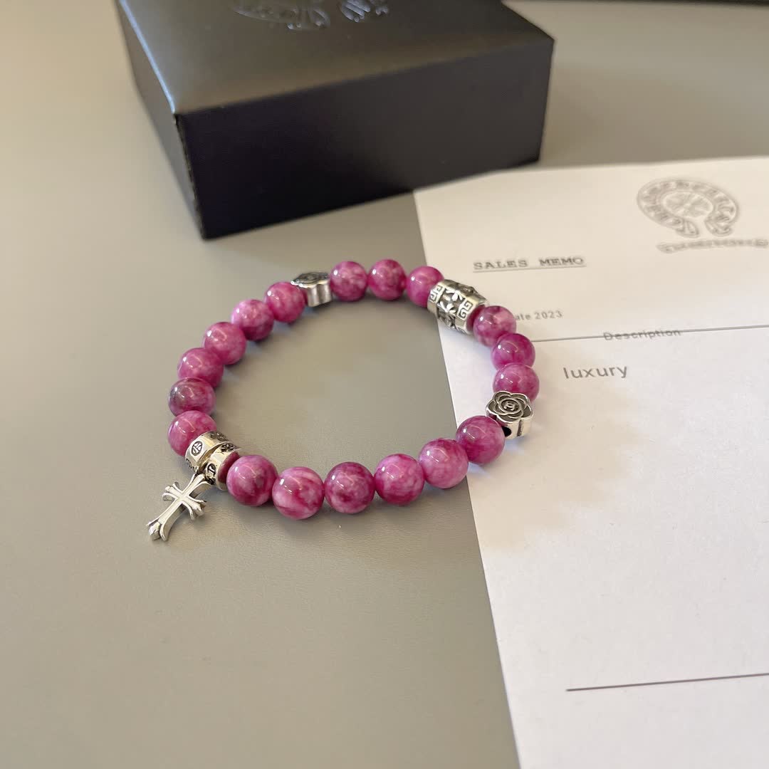 Chrome Hearts Purple Gemstone Bracelet with Silver Cross and Flower Charms